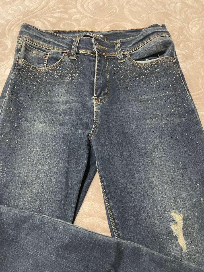 Taşlı Mavi Payetli Normal Kesim Denim Kadın Kot Pantolon - Görsel 3
