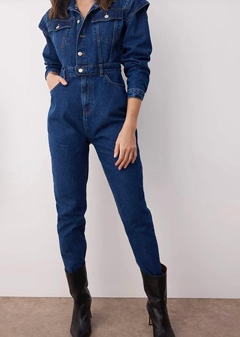 Kadın Lacivert Düğmeli Denim Tulum