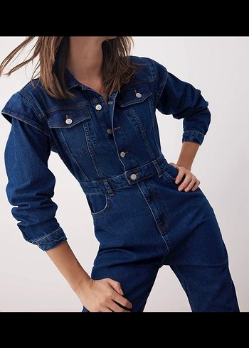 Diğer Kadın Lacivert Düğmeli Denim Tulum
