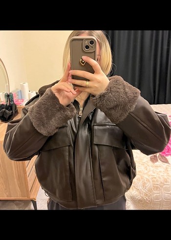 Kahverengi Kürklü Deri ceket  standart - Görsel 2