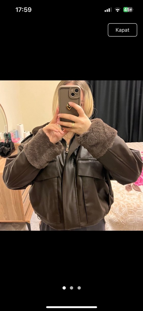 Kahverengi Kürklü Deri ceket  standart - Görsel 2