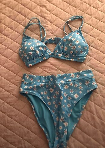 Mavi Çiçek Desenli Bohem Bikini Takımı