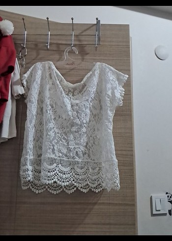 Diğer Dantel Detaylı Beyaz Bohem Kısa Bluz