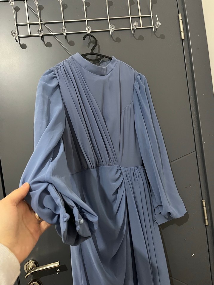 Drapeli Mavi Uzun Kadın Abiye - Görsel 3