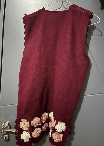 Bordo Çiçek Nakışlı Bohem Örgü Yelek - Görsel 3