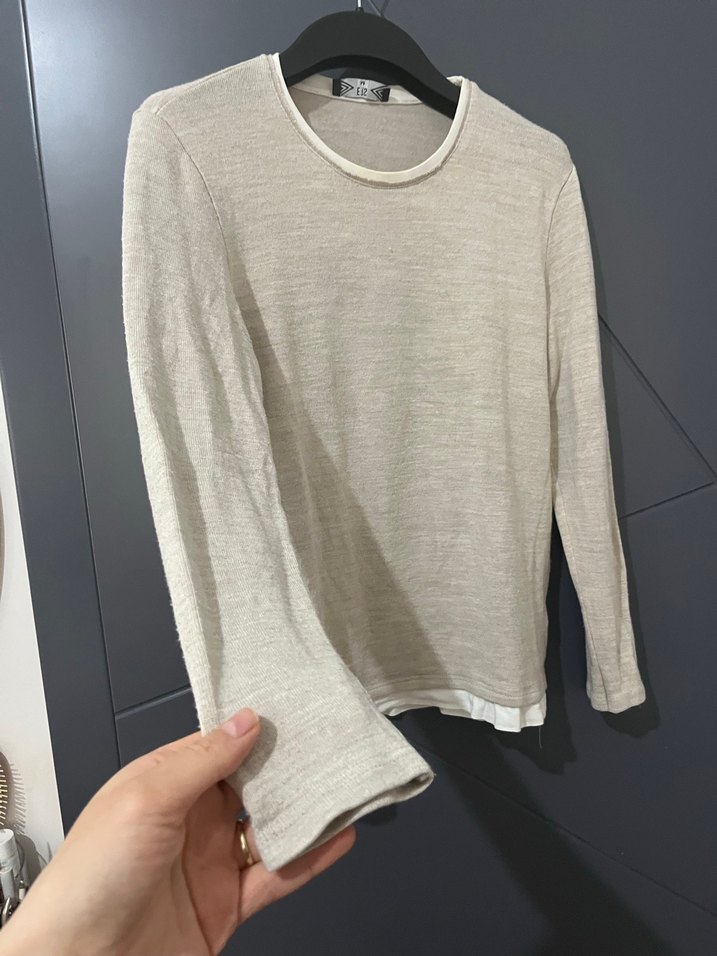 Bej erkek Keten Uzun Kollu Basic Kazak - Görsel 2