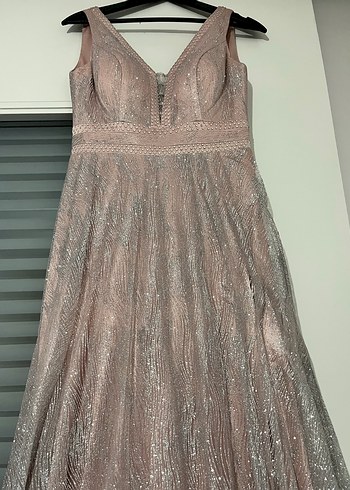 Bej V Yaka Uzun Abiye Elbise - Görsel 3