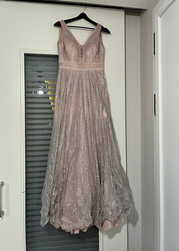 Bej V Yaka Uzun Abiye Elbise - Görsel 2