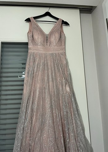 Bej V Yaka Uzun Abiye Elbise - Görsel 4