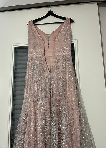 Bej V Yaka Uzun Abiye Elbise - Görsel 5