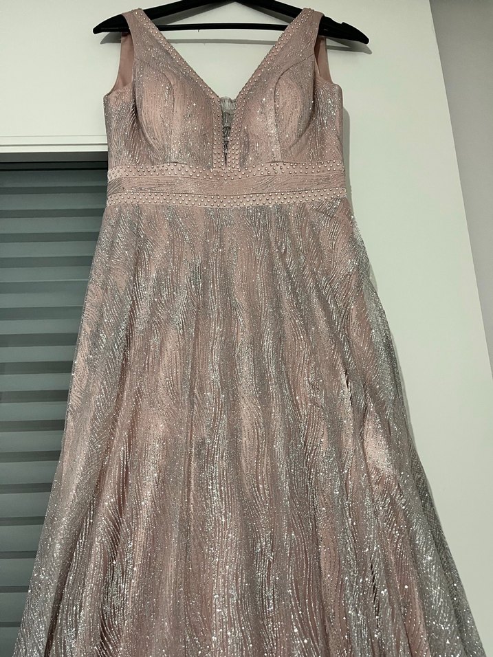 Bej V Yaka Uzun Abiye Elbise - Görsel 3