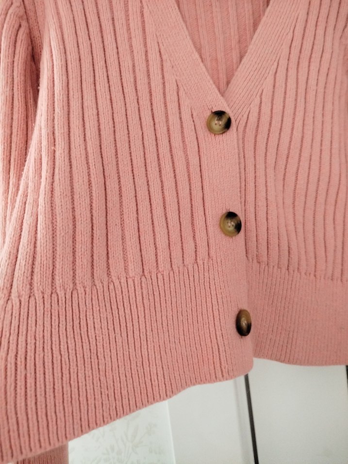 Düğmeli Pembe Triko Kadın Hırka - Görsel 2