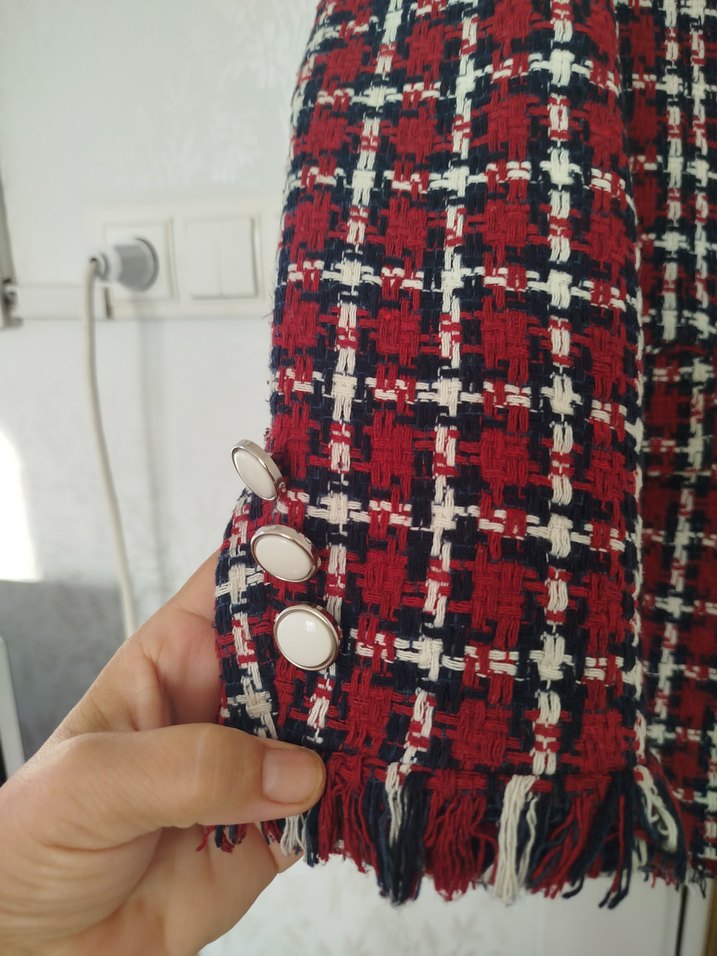 Düğmeli Kırmızı Ekose Kadın Blazer - Görsel 2