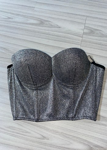 Payetli Straplez Gri Midi Büstiyer - Görsel 2