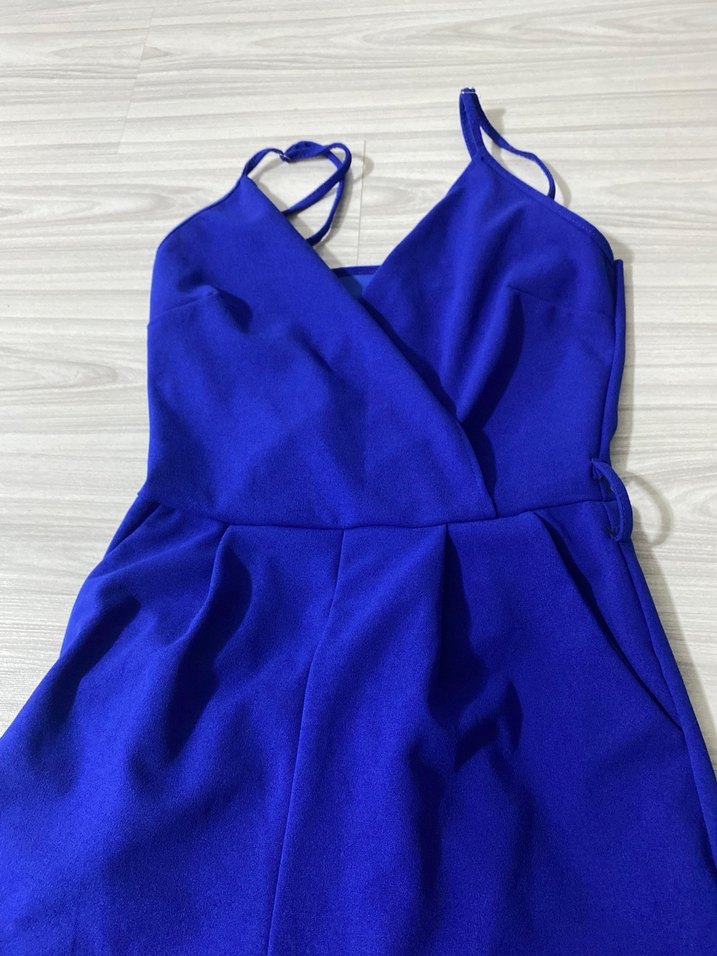 Mavi İnce Askılı V Yakalı Kadın Tulum - Görsel 2