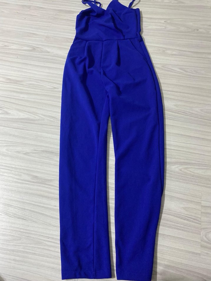 Mavi İnce Askılı V Yakalı Kadın Tulum - Görsel 4