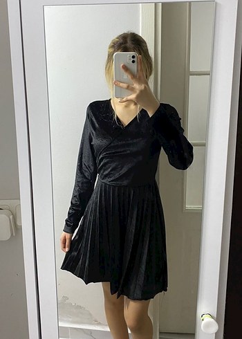 Siyah kadife Uzun Kollu Mini Elbise - Görsel 2