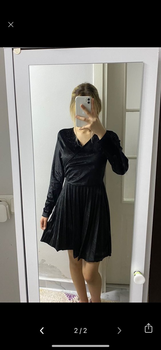 Siyah kadife Uzun Kollu Mini Elbise - Görsel 2