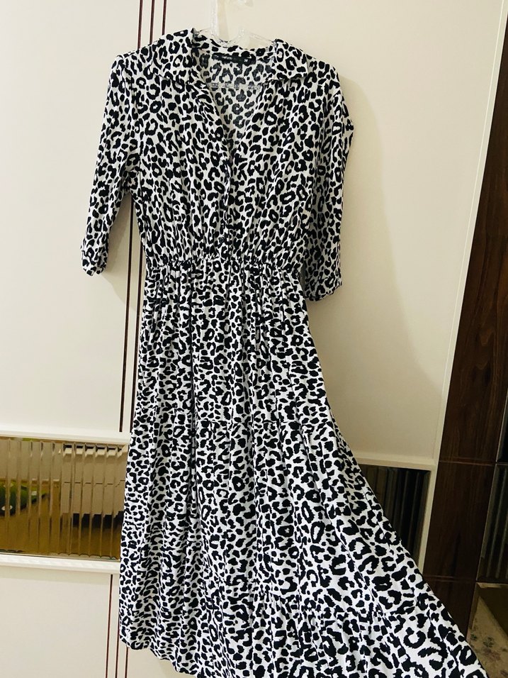 Gri Zebra Desenli Uzun Salaş Elbise - Görsel 2