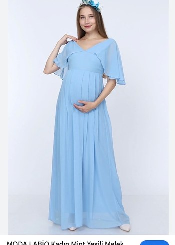 Mavi Uzun Hamile Elbisesi - Görsel 3