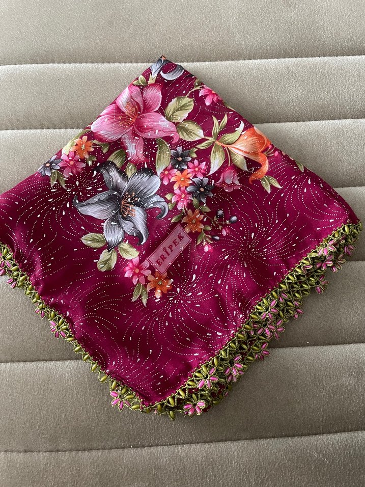 Dantel Detaylı Bordo Bohem Kadın Fular yemeni - Görsel 2