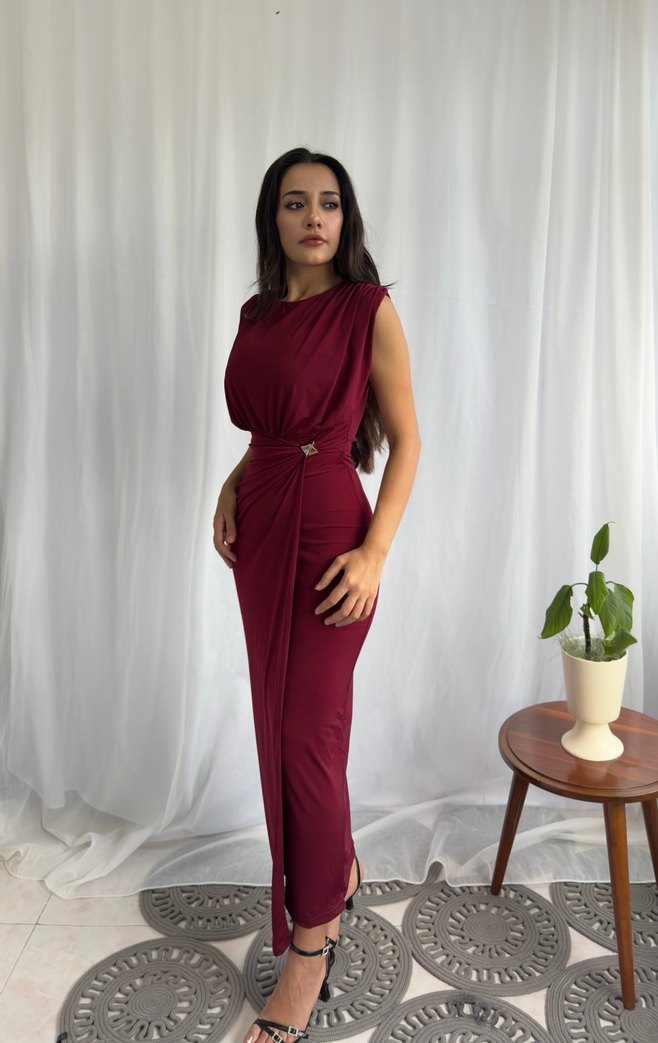 Bordo Drapeli Uzun Kadın Elbise Bedenleri vardır sorunuz - Görsel 2