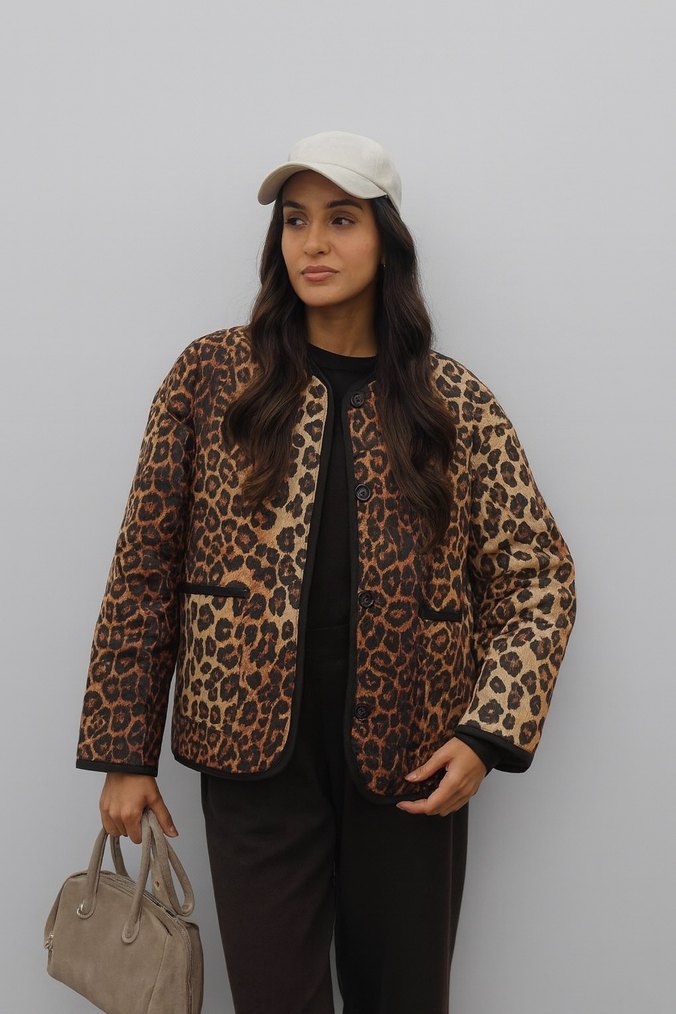 Kahverengi Leopar Desenli Kadın Midi Ceket - Görsel 2