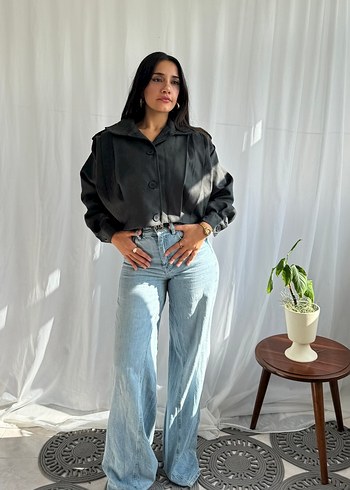 Düğmeli Siyah Denim Kadın Bomber Ceket - Görsel 8