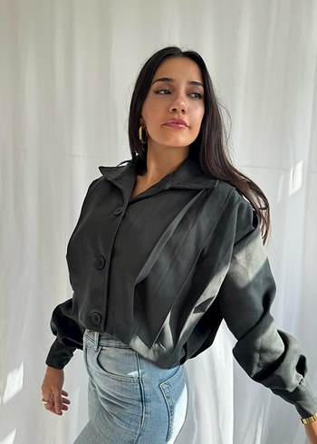 Düğmeli Siyah Denim Kadın Bomber Ceket - Görsel 3