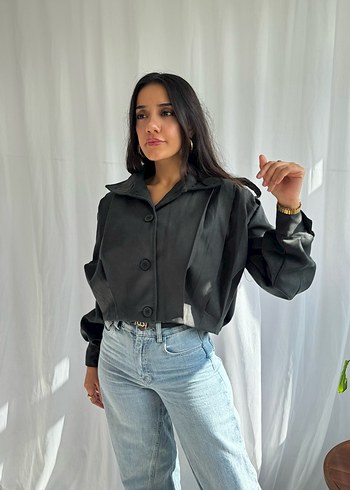 Düğmeli Siyah Denim Kadın Bomber Ceket - Görsel 5