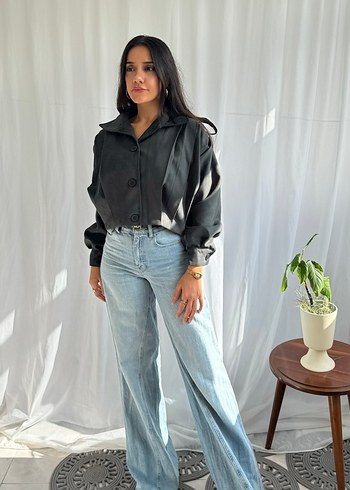 Düğmeli Siyah Denim Kadın Bomber Ceket - Görsel 6