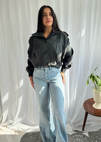 Düğmeli Siyah Denim Kadın Bomber Ceket - Görsel 4