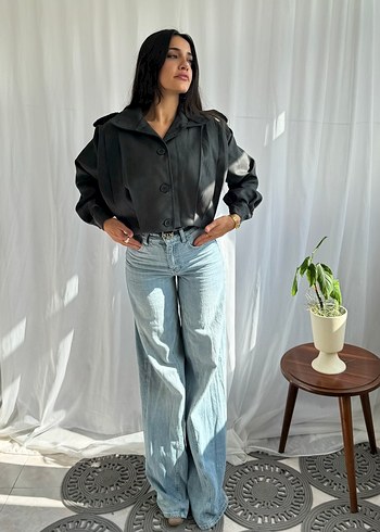 Düğmeli Siyah Denim Kadın Bomber Ceket - Görsel 2