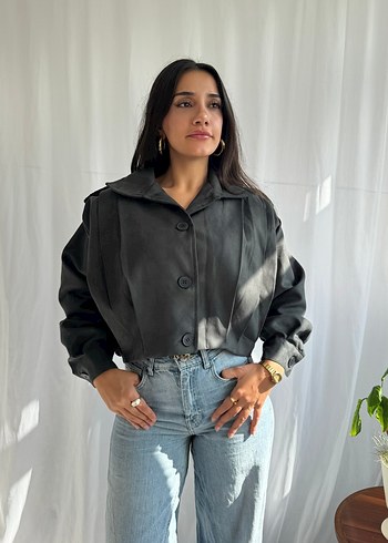 Düğmeli Siyah Denim Kadın Bomber Ceket - Görsel 7