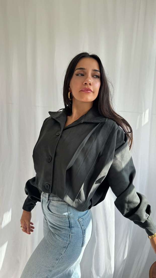 Düğmeli Siyah Denim Kadın Bomber Ceket - Görsel 3