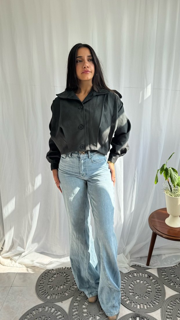 Düğmeli Siyah Denim Kadın Bomber Ceket - Görsel 4