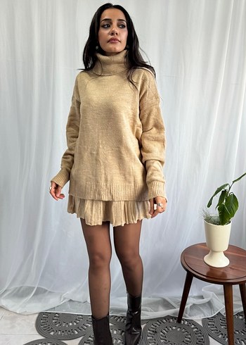 Bej Kısa Oversize Kadın Triko Kazak takım - Görsel 3