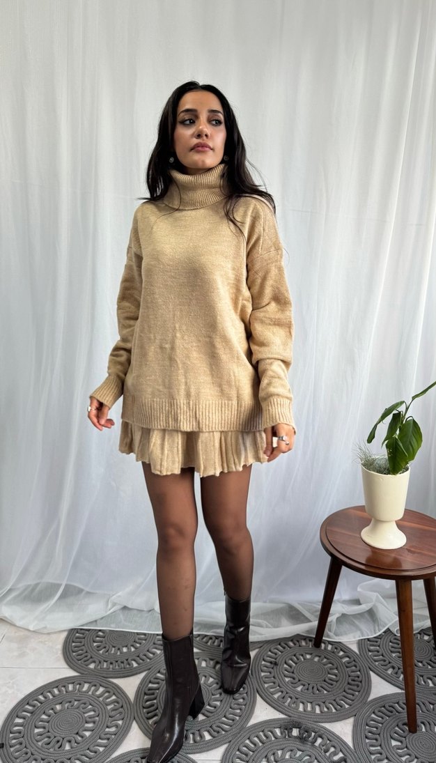 Bej Kısa Oversize Kadın Triko Kazak takım - Görsel 3