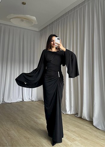 Kahverengi Drapeli Uzun Kadın Abiye Elbise - Görsel 2