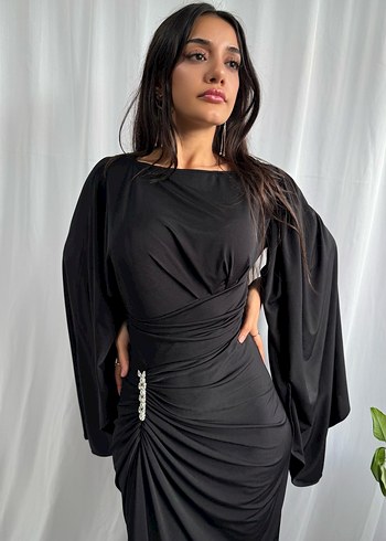 Kahverengi Drapeli Uzun Kadın Abiye Elbise - Görsel 5