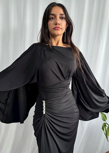 Kahverengi Drapeli Uzun Kadın Abiye Elbise - Görsel 7