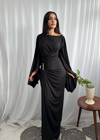 Kahverengi Drapeli Uzun Kadın Abiye Elbise - Görsel 3