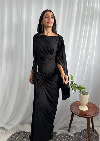 Kahverengi Drapeli Uzun Kadın Abiye Elbise - Görsel 4