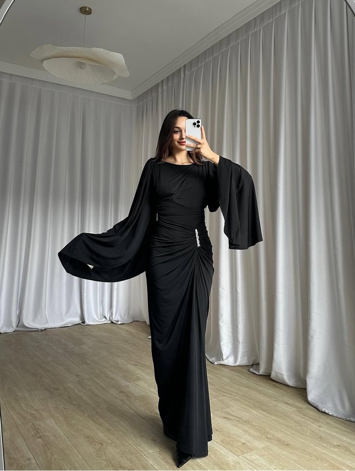 Kahverengi Drapeli Uzun Kadın Abiye Elbise - Görsel 2