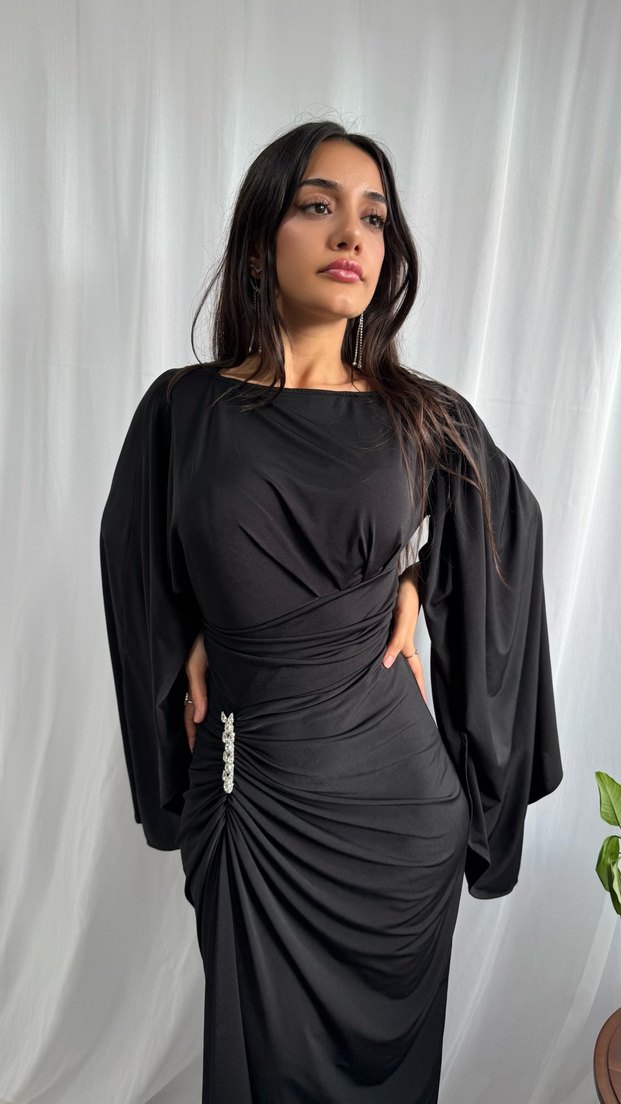 Kahverengi Drapeli Uzun Kadın Abiye Elbise - Görsel 5