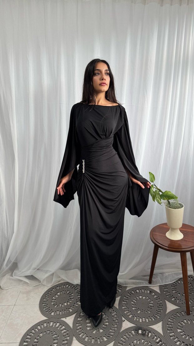 Kahverengi Drapeli Uzun Kadın Abiye Elbise - Görsel 3