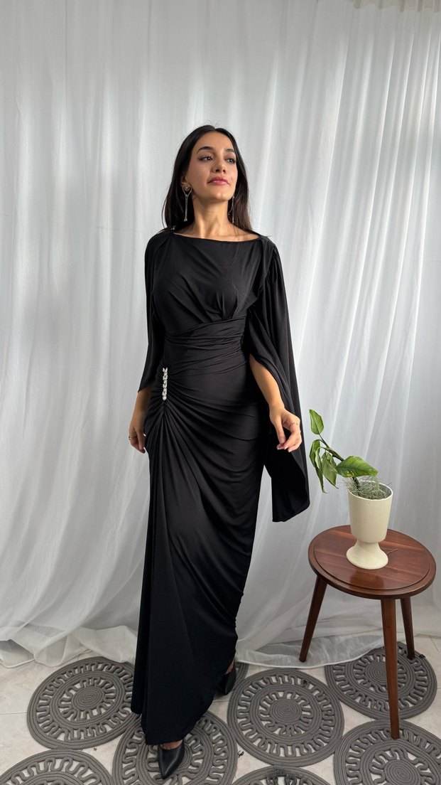 Kahverengi Drapeli Uzun Kadın Abiye Elbise - Görsel 4