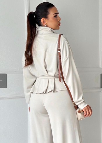 Taş rengi oyşho kumaş kemerli takım - Görsel 3