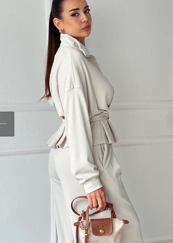 Taş rengi oyşho kumaş kemerli takım - Görsel 2