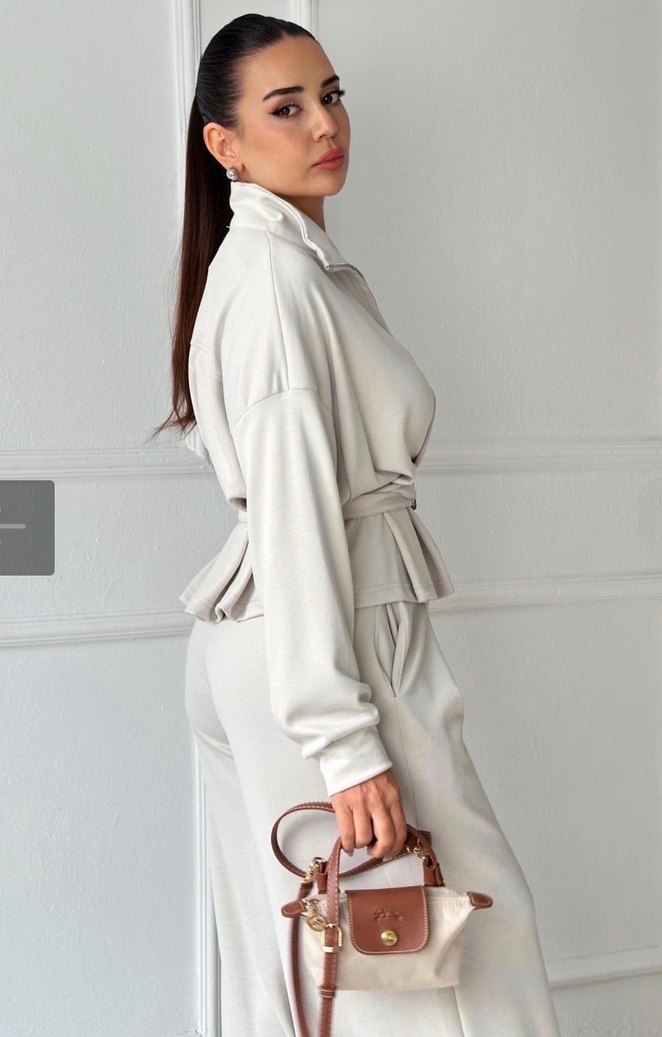 Taş rengi oyşho kumaş kemerli takım - Görsel 2